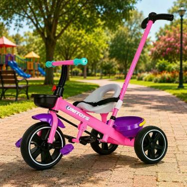 Imagem de Triciclo Infantil com Cadeirinha e Empurrador Rosa Cinto de Segurança e Assento Anatômico 25KG
