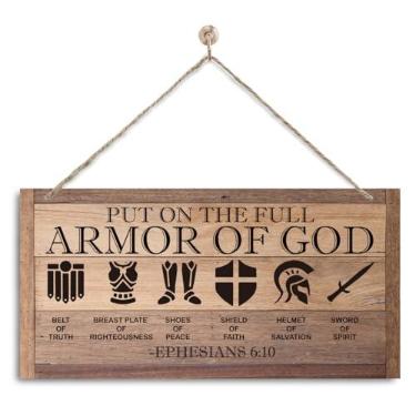 Imagem de corner wind Decoração Cristã, Placa Decorativa De Parede, Cabide Porta Rústico, Madeira Religiosa Para Pendurar Em Estilo Fazenda, Citação Efésios 6:10-18: Vista A Armadura Completa Deus