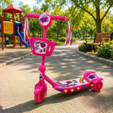 Imagem de Patinete Infantil Unicórnio 3 Rodas Rosa com Luz LED Guidão Ajustável Freio Traseiro Suporta 50kg
