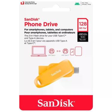 Imagem de Pendrive Sandisk G46YD Phone Drive 128GB USB-C USB 3.2 Velocidade 150MB-s Amarelo