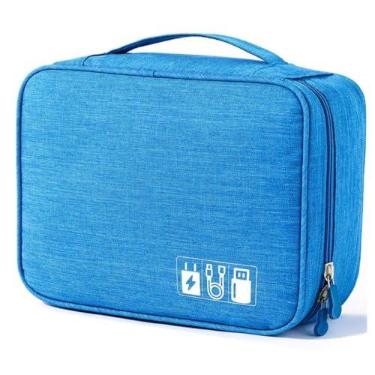 Imagem de Estojo Organizador Para Cabos Fios Acessórios Eletrônicos Viagem Grande Duplo Modelo Rígido Portátil Multifuncional (Azul Claro)