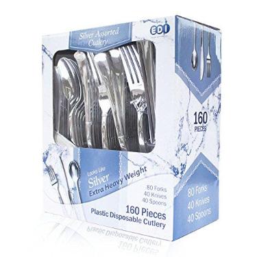 Imagem de EDI [160 Peças] Conjunto de Talheres de Plástico Descartáveis de Prata, Sortidos - 80 Garfos, 40 Facas, 40 Colheres | Peso Extra Pesado