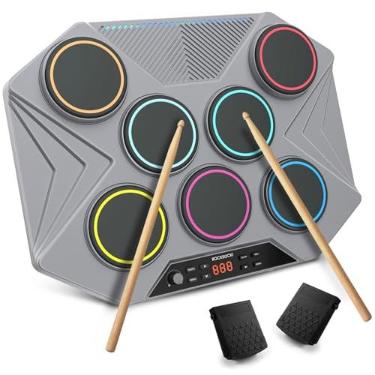 Imagem de ROCKSOCKI Conjunto De Bateria Eletrônica De Mesa, Kit De Bateria Digital Portátil, 7 Almofadas De Bateria Com Sensibilidade À Velocidade, Luz De Nível De Música Led, Suporte Usb-Midi Para Mac E Pc, Pr