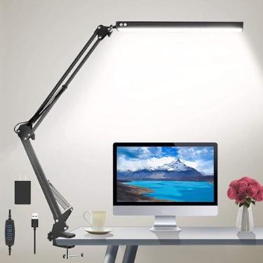 Imagem de HaFundy Lâmpada de mesa LED, luz de mesa ajustável para cuidados com os olhos com grampo, lâmpada de braço giratório inclui 3 modos de cor, 10 lâmpadas de mesa com função de memória,