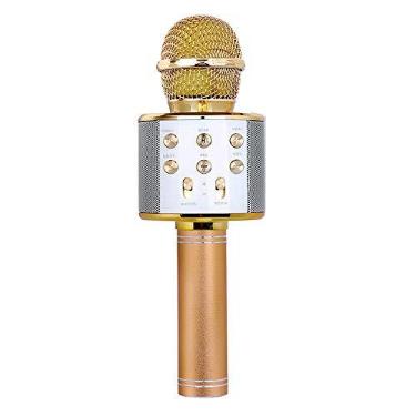 Imagem de Btuty Microfone sem fio BT profissional alto-falante de karaokê Reprodutor de música KTV Gravador de canto Microfone de mão dourado