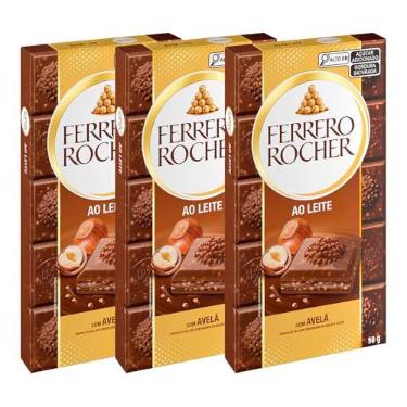 Imagem de Chocolate Ferrero Rocher Ao Leite Avelã Kits 3 Barras de 90g