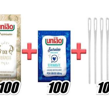Imagem de 100 Açucar Uniao Sache + 100 Adoçante Sucr Sache + 100 Mexedor Cafe