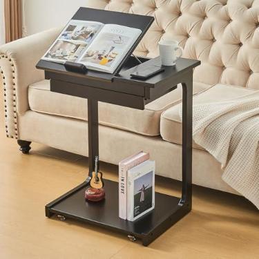 Imagem de Mesa de canto de madeira em forma de C com rodas – mesa de cabeceira pequena de madeira com rodinhas para sofá com gaveta de armazenamento, bandeja de TV moderna com ângulos ajustáveis, mesas de sofá