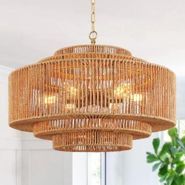 Imagem de Bagood 24" Rattan Pendant Light Gold Rattan Chandelier Light Luminária 3-Tier Hand-Woven Rattan Chandelier 6 Luzes Vime Pendant Light Luminárias Rústicas Boho Pendant Light Para Sala De Jantar Quarto
