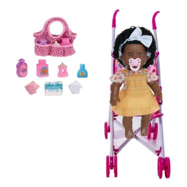 Imagem de Boneca Danadinhas Negra Menina Bebê e Carrinho e Bolsinha - Milk Brinq