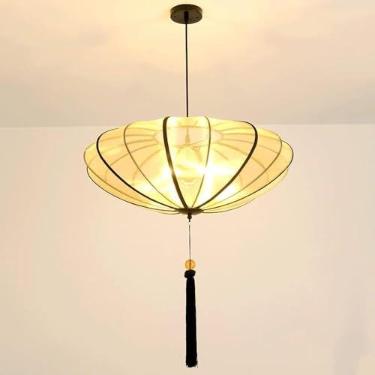Imagem de Tecido Clássico Sombra Lanterna Pingente Luz Antigo Estilo Chinês Ferro Arte Lâmpada Stand Teto Pendurado Luminária E27 3- Lustre De Luz Adequado Para Sala De Estar Sala De Jantar, Yellow