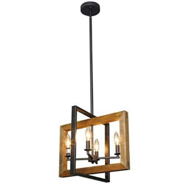 Imagem de Luminária pendente retrô de madeira, luminária pendente vintage de metal industrial, retangular preta, lustre de teto antigo para sala de estar, cozinha, ilha, bar, estudo, mesa de jantar, a