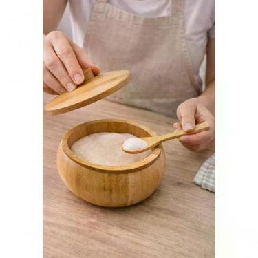 Imagem de Açucareiro de Bambu com Colher para Armazenar Açúcar Natural Resistente e Sustentável para Cozinha Ou Mesa de Café
