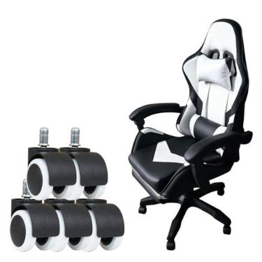 Imagem de Cadeira Gamer Ergonômica com Conjunto de 5 Rodízios com Travão (Fixação Segura, Mobilidade Controle, Estabilidade) e Apoio Cervical Ajustável (Preto e Branco)