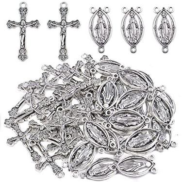 Imagem de Hmjpng 40 berloques de cruz de terço de prata antiga tibetana e medalha milagrosa central com crucifixo de Maria Jesus e elos ovais de lustre para fabricação de joias de rosário católico
