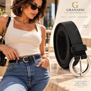 Imagem de Cinto de Couro Feminino Fivela Redonda Prata Preto Casual Elegante - G
