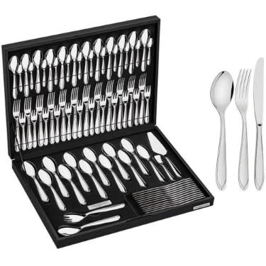 Imagem de Faqueiro Aço Inox com Faca de Mesa e Estojo de Madeira com 76 Peças, Prata, Tramontina