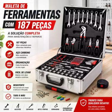Imagem de Maleta Jogo Ferramentas 187 Peças Profissional Mala Aluminio Cor Prate