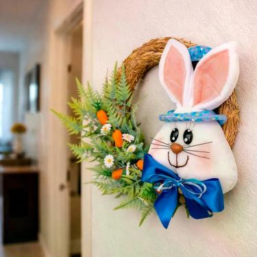 Imagem de Guirlanda de Páscoa com Cabeça de Coelho para Decoração de Portas e Paredes 25cm Azul Direito