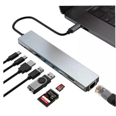 Imagem de Hub USB Type-C 8 em 1 Adaptador 10GBPS com HDMI 4K, LAN, USB 3.0 e Lei
