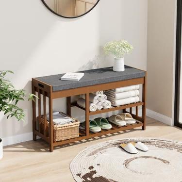 Imagem de bambooflow Sapateira com almofada, banco de sapatos de 2 camadas com armazenamento flip-top, sapateira de madeira para entrada, corredor, quarto, entrada da porta da frente (marrom)