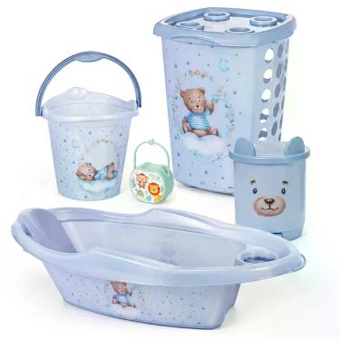 Imagem de Kit Higiene Bebê Urso Azul Banho 5 Peças Banheira + Cesto + Balde + Li