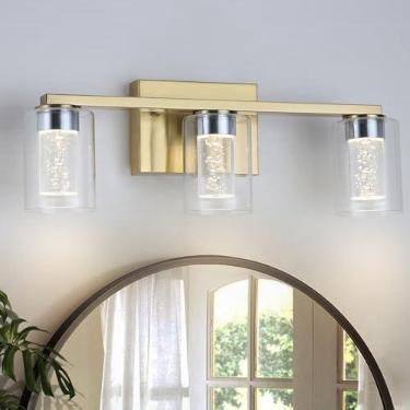 Imagem de Stofoudy Luminárias De Banheiro Com 3 Luzes, Penteadeira Regulável Em Ouro Escovado Cúpula Vidro Transparente, Luzes Led Cristal Sobre O Espelho Para Quarto, Sala Estar, Corredor, Casa Fazenda