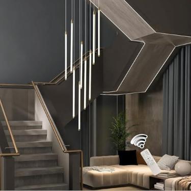 Imagem de Lustre moderno de LED para teto alto com controle remoto, 9 lâmpadas, lustre longo para hall de entrada com pé direito alto, luminária pendente dimerizável para hall de entrada, escada, corr