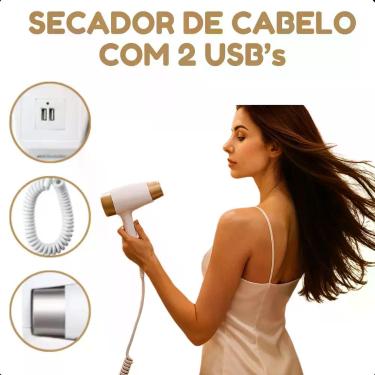 Imagem de Secador de Parede Branco Compacto Tipo Hotel Quente e Frio com USB Fun