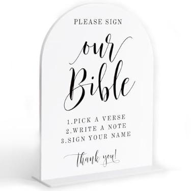 Imagem de Placa de livro de convidados da Bíblia de casamento, assine nossa Bíblia para casamento, placa acrílica de arco branco, decoração de chá de panela, decoração de festa de noivado, decoração de mesa de