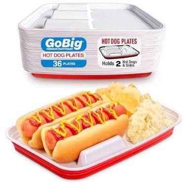 Imagem de GoBig Bandejas de comida de cachorro-quente com divisórias – Pacote com 36 pratos de cachorro quente descartáveis para festas, churrascos e muito mais