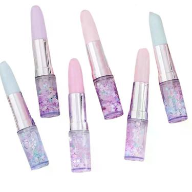 Imagem de kit 6 canetas preta Esferográfica feminina formato batom luxo glitter 