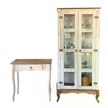 Imagem de Aparador Rústico Com Cristaleira Madeira Maciça Branco Garapa D230 D113 Shop Jm