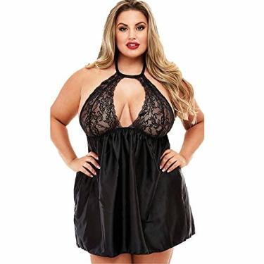 Imagem de Saia noturna de renda pijama loungewear ultramacio conjunto de pijama feminino camisola confortável plus size, preto, 5GG (90kg/185cm)