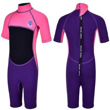 Imagem de REALON Roupa de mergulho infantil para meninas, meninos, crianças e jovens, 3 mm, neoprene, roupa de banho quente em água fria, maiô térmico, zíper nas costas, para natação, mergulho, jet ski, surfe