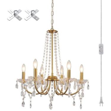Imagem de MEIJIA Lustres dourados de cristal plug-in luminária 6 luzes moderno lustre de cristal com 15,75 pés cabo plugue dourado mini lustre para sala de jantar quarto entrada banheiro armário