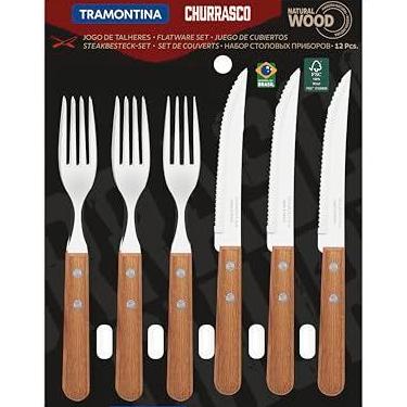 Imagem de JOGO DE TALHERES PARA CHURRASCO DYNAMIC SORTIDOS COM LAMINAS DE ACO INOX E CABOS DE MADEIRA - 12 PEÇAS