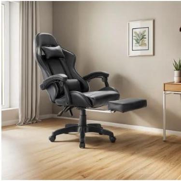 Imagem de Cadeira Gamer Ergonômica para Escritório, Reclinável, Couro Sintético, Preto, Estilo Gaming, Confortável