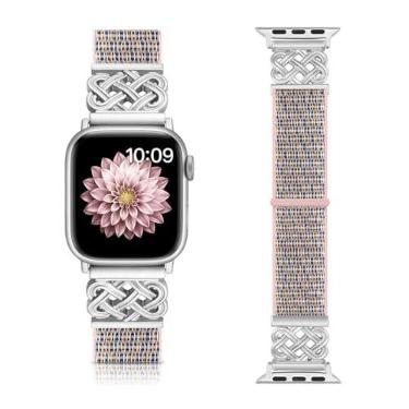 Imagem de Chinber Pulseiras de nylon compatíveis com Apple Watch séries 10, 9, 8, 7, 6, 5, 4 e 3 de 38 mm, 40 mm, 40 mm, 41 mm, 42 mm, 45 mm, 46 mm, 49 mm, SE, Ultra 2 1, Areia rosa, 44mm/45mm/46mm/49mm/42mm