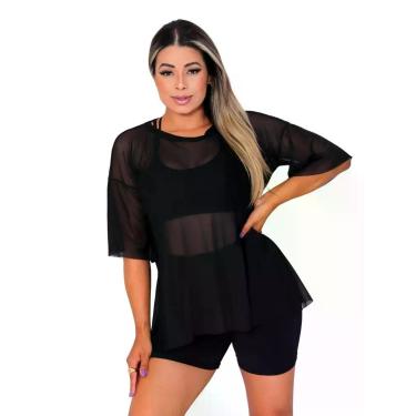 Imagem de Blusa Tule Feminina Fitness Academia Manga Curta Preto - Rcv Store, Pr