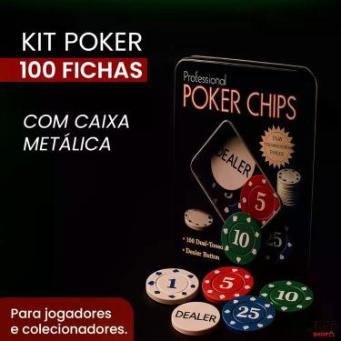 Imagem de Kit 100 Fichas de Poker Profissional com Valores Definidos e Caixa Met