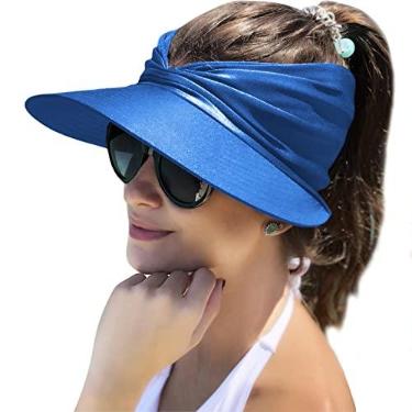 Imagem de Muryobao Chapéu feminino com aba larga para o verão, FPS 50+, proteção UV, boné esportivo de praia, Azul royal, Tamanho Único