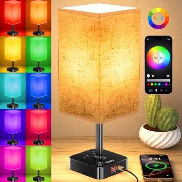 Imagem de Lâmpada RGB que muda de cor – Luminária de mesa multicolorida com 2 saídas CA, regulação contínua, portas de carregamento USB-C + USB integradas, lâmpada de cabeceira de LED moderna para quarto, sala