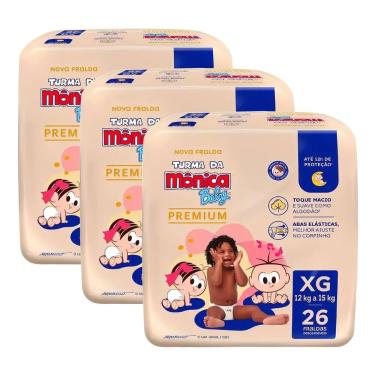 Imagem de Kit c/ 3 Fraldas Turma da Mônica Premium Econômica XG 3x26un