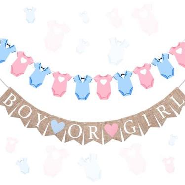 Imagem de Trandraft 2 peças de decoração de festa revelação de gênero pré-amarrado menino ou menina faixa de chá de bebê e bodies varal guirlanda roupa de bebê para revelação de gênero, aniversário, decoração