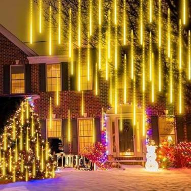 Imagem de Violetfox Luzes de Natal ao ar livre, chuva de meteoros, chuva caindo 30,5 cm, 8 tubos, 192 LED, gotas de chuva, luzes de gelo em cascata para decoração de árvore de jardim de Natal (branco quente)