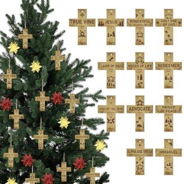 Imagem de Syhood 36 peças de enfeites de Natal nomes de Jesus ornamentos de madeira para pendurar nomes de Deus com decorações de árvore religiosa do advento do salvador, 12 estilos