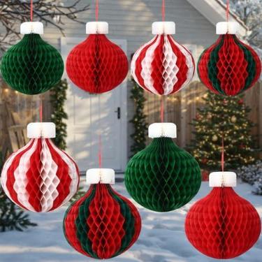 Imagem de AmazingSpark 8 peças de enfeites de favo de mel de Natal jumbo de 40,6 cm (11,8") para teto, 3D, papel doce, extragrande, enfeite de colmeia para artesanato, bolas vermelhas, verdes, brancas