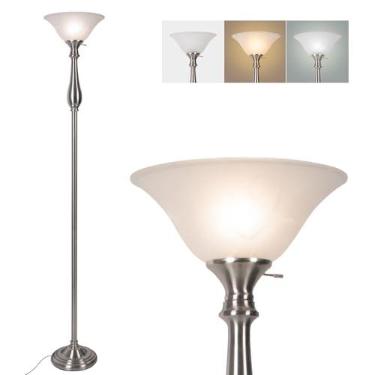 Imagem de HonoDing Luminária De Chão Torchiere Para Sala De Estar, Luminária De Pé Com Cúpula De Vidro Alabastro Branco, Luminárias De Chão De Níquel Escovado, Luminárias De Canto Para Quarto, Escritório, Lei
