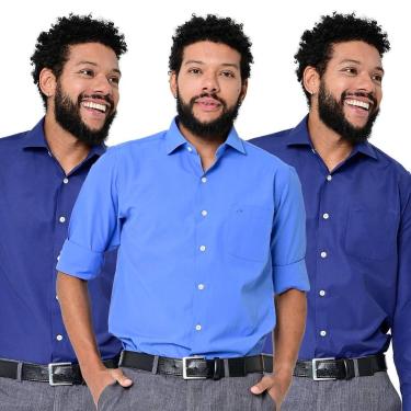 Imagem de Kit 3 Camisas Social Masculina Lisa Manga Longa Camisaria Colombo, Mar